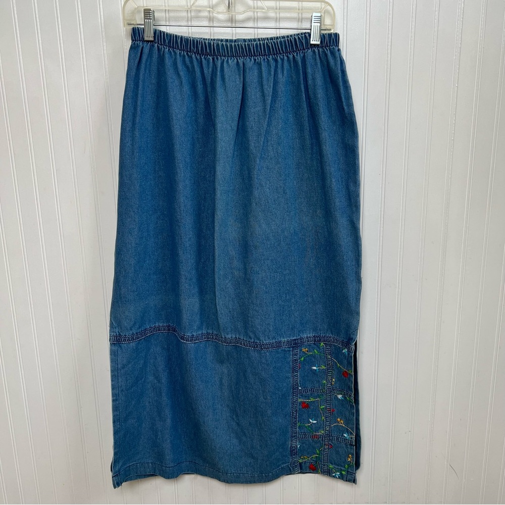 Saint Germain NWT Floral Embroidered Pull On Long Denim Skirt Large Petite